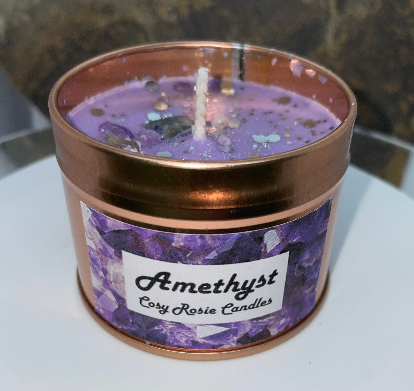 Amethyst Scented Soy Wax Candle with glitter and crystals