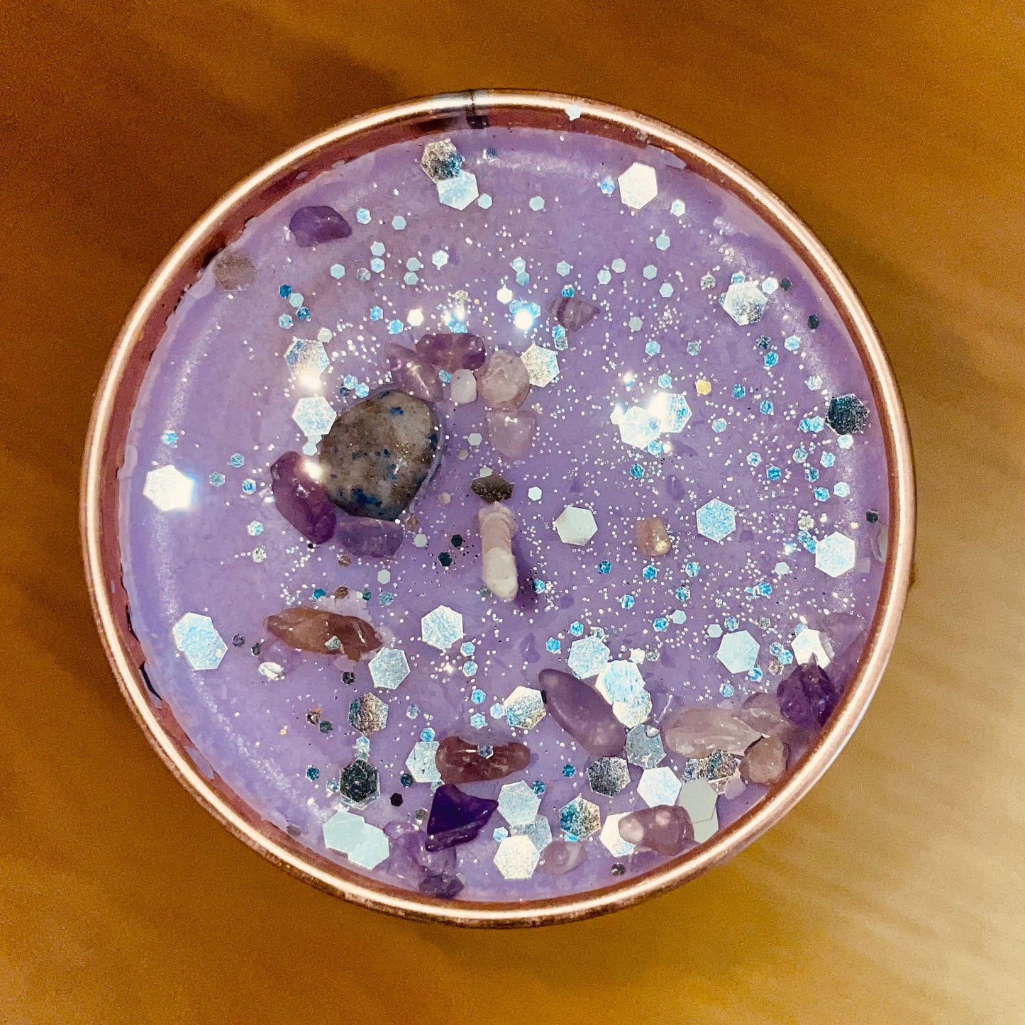 Amethyst Scented Soy Wax Candle with glitter and crystals